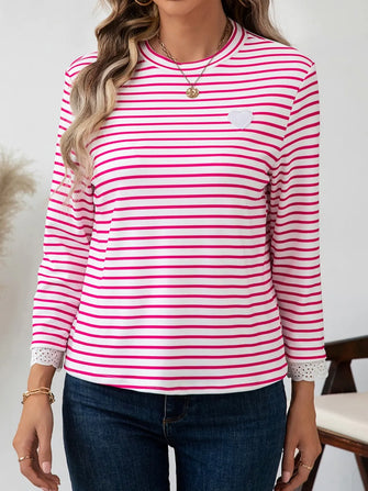 Womens Striped Long Sleeve Shirt with Heart Detail White