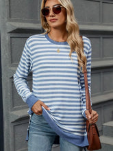 Womens Striped Long Sleeve Tunic Top with Slit Light Blue