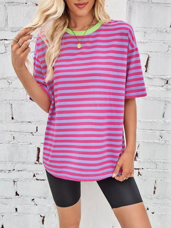 Womens Striped Oversized T Shirt Rayon Blend Fuchsia Pink