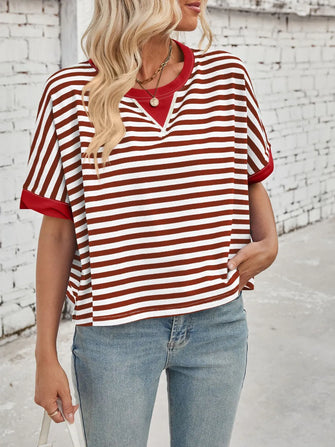 Womens Striped Short Sleeve Basic T Shirt Burgundy
