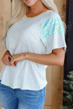 Women's Striped Short Sleeve Shirt with Floral Patterned Shoulders