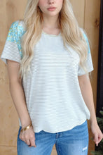 Women's Striped Short Sleeve Shirt with Floral Patterned Shoulders White
