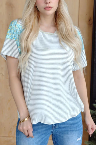 Women's Striped Short Sleeve Shirt with Floral Patterned Shoulders White
