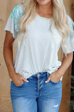 Women's Striped Short Sleeve Shirt with Floral Patterned Shoulders