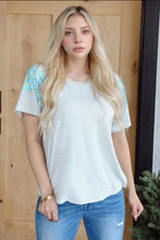Women's Striped Short Sleeve Shirt with Floral Patterned Shoulders