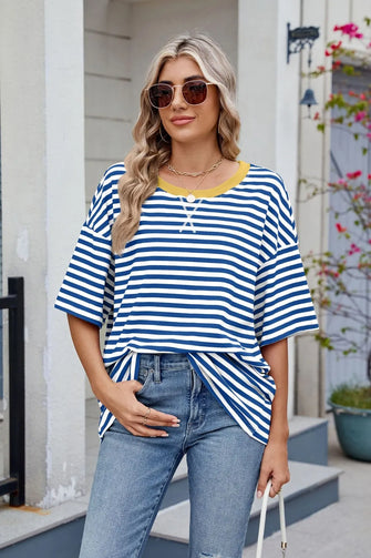 Women's Striped Short-Sleeved T-Shirt with Yellow Trim Blue White