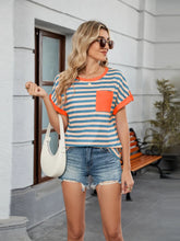 Womens Striped T Shirt with Orange Accents and Pocket