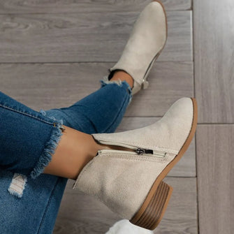 Women's Suede Ankle Boots with Side Zipper Beige