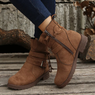 Womens Suede Low Heel Ankle Boots Black and Brown Brown