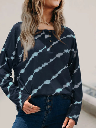 Womens Tie-Dye Long Sleeve Shirt with Decorative Button French Blue