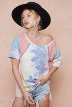 Women's Tie-Dye Printed Color Block T-Shirt PINK BLUE COMBO