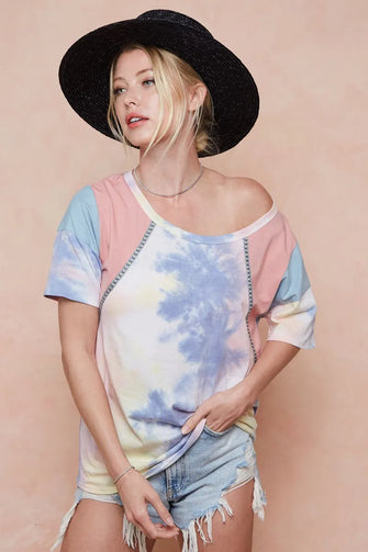 Women's Tie-Dye Printed Color Block T-Shirt PINK BLUE COMBO