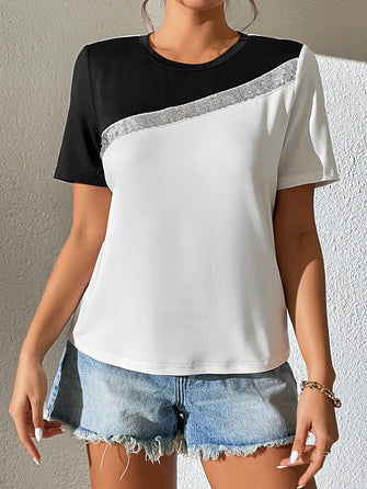 Womens Two Tone Short Sleeve Round Neck Casual Top Black-White