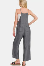Women’s washed adjustable strap wide leg denim jumpsuit in dark gray