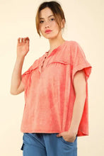 Women’s coral v-neck washed knit fabric short sleeve top with gathered detail