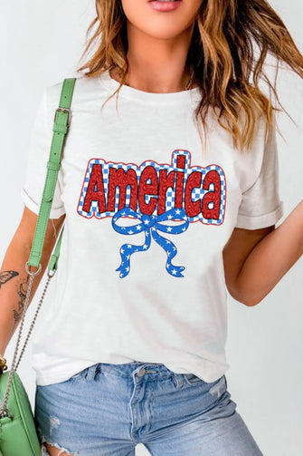 Womens White America Bow Patriotic T Shirt White