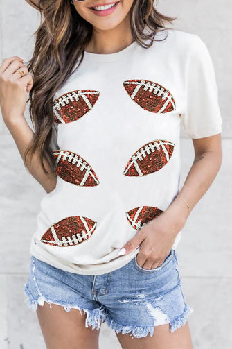 Women’s White Football Pattern Sequin T-Shirt White