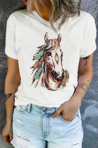 Women's White Horse Graphic T-Shirt in Stretch Fabric White Woman T Shirts