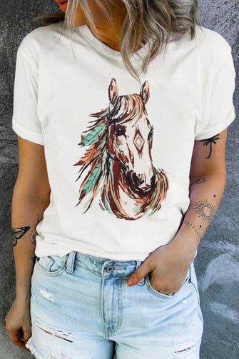 Women's White Horse Graphic T-Shirt in Stretch Fabric White