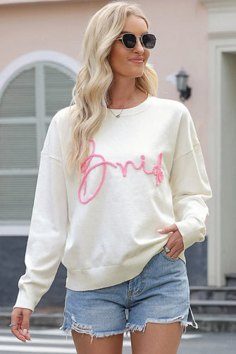 Womens White Long Sleeve Bride Sweatshirt with Pink Lettering White