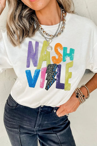 Womens White Nashville Graphic Sequin T Shirt White