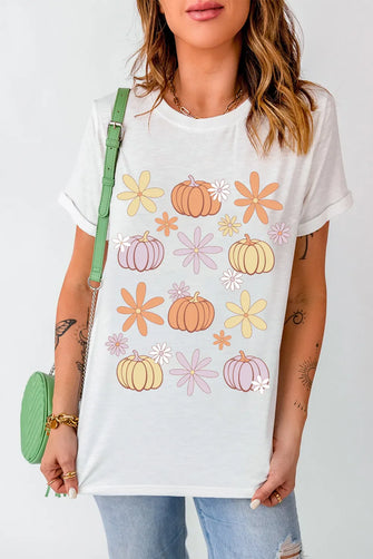 Women's White Pumpkin and Flower Pattern T-Shirt White