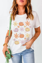 Women's White Pumpkin and Flower Pattern T-Shirt