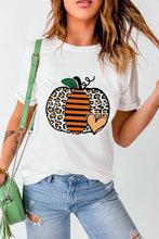 Womens white pumpkin graphic t-shirt with leopard print heart and bee design