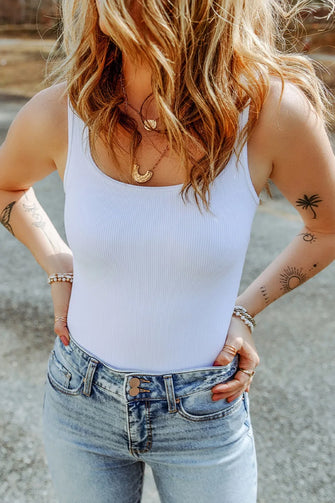 Womens White Ribbed Tank Bodysuit Basic Style White