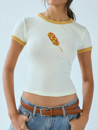 Womens White Ringer T Shirt with Corn Dog Graphic Cream