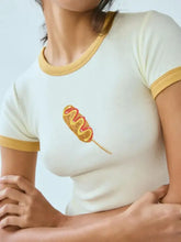 Womens White Ringer T Shirt with Corn Dog Graphic Woman T Shirts