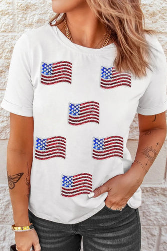Women’s White Sequin T-Shirt with American Flag Design White