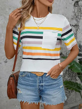 Women's White Striped Short Sleeve T-Shirt with Pocket White Woman T Shirts