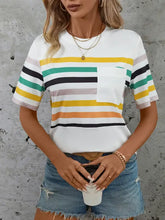 Women's White Striped Short Sleeve T-Shirt with Pocket Woman T Shirts