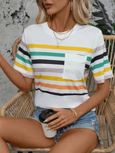 Women's White Striped Short Sleeve T-Shirt with Pocket Woman T Shirts