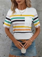 Women's White Striped Short Sleeve T-Shirt with Pocket
