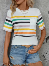 Women's White Striped Short Sleeve T-Shirt with Pocket Woman T Shirts