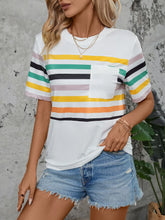 Women's White Striped Short Sleeve T-Shirt with Pocket
