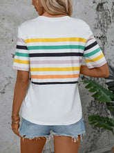 Women's White Striped Short Sleeve T-Shirt with Pocket