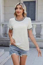 Womens White Striped Trim Textured Knit T Shirt Ivory