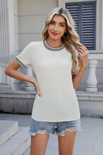 Womens White Striped Trim Textured Knit T Shirt