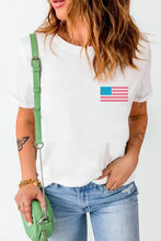 Womens white t shirt with American flag graphic, green strap and chain