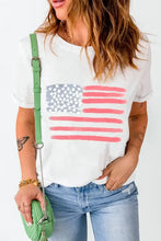 Womens white t-shirt featuring American flag graphic with pink stars