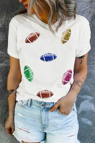 Womens White T Shirt with Colorful Football Sequin Design White
