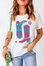 Womens white t shirt with red white blue cowboy boot graphic