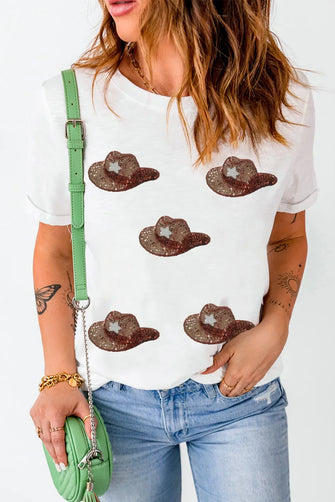 Womens White T Shirt with Cowboy Hat Sequin Pattern White