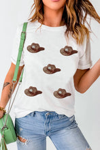 Womens White T Shirt with Cowboy Hat Sequin Pattern