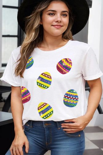 Womens White T Shirt with Easter Egg Pattern White
