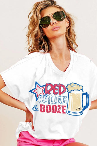 Womens White T Shirt with Patriotic Booze Graphic Print OFF WHITE