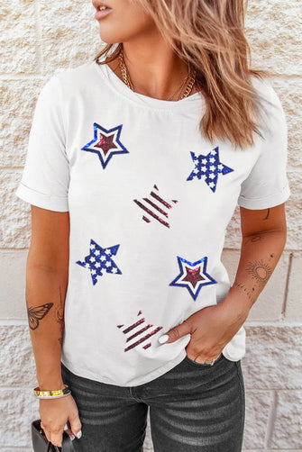 Womens White T Shirt with Patriotic Star Pattern and Sequins White